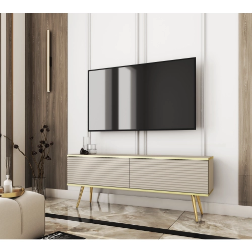Szafka RTV Beżowo - Złota 135 cm Noga Czarna - Złota MDF